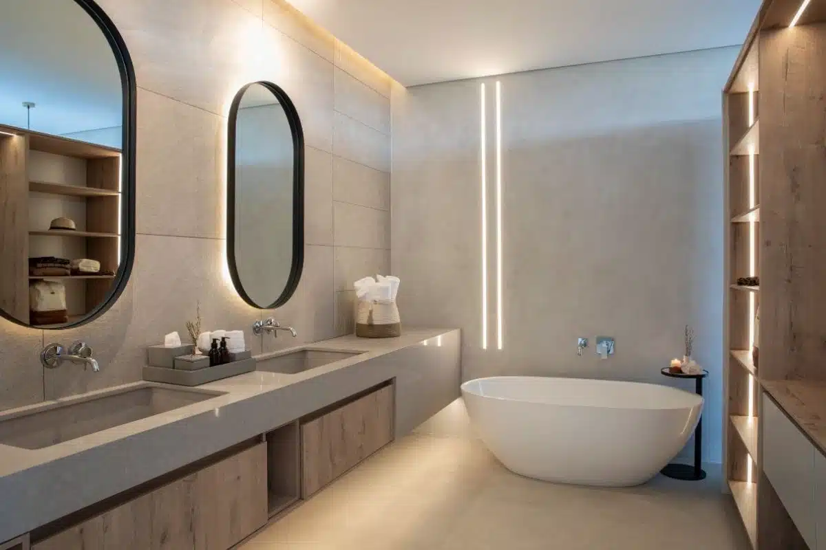Modern minimalist bathroom with oval bathtub and mirrors
